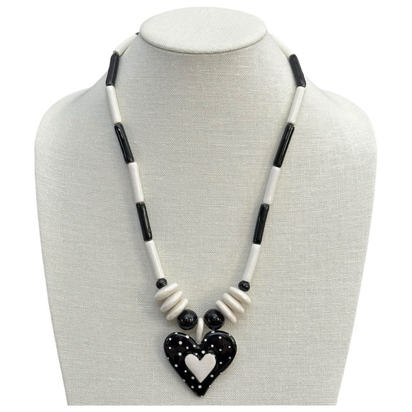RARE Vintage Ruby Z by Candace Loheed Black & White Necklace Heart Pendant - Picture 2 of 12